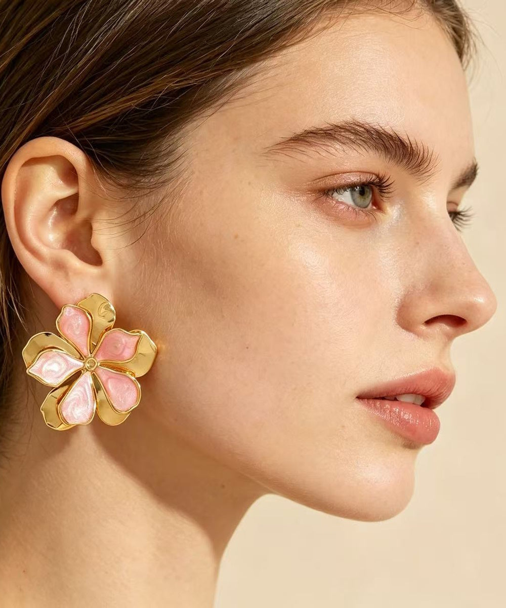 Two Layer Enamel Floral Gold Statement Stud Earrings Multi Pastel Colors