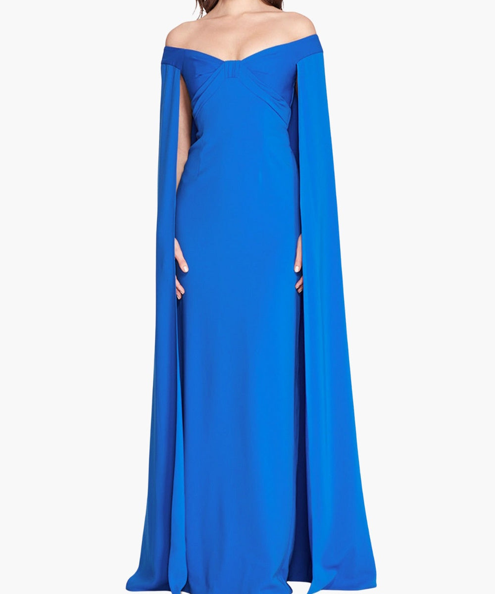 Bright Blue Off The Shoulder Cape Sleeve Sheath Formal Gown