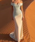 Dusty Blue Off Shoulder 3D Floral Two-Tone Mermaid Evening Gown