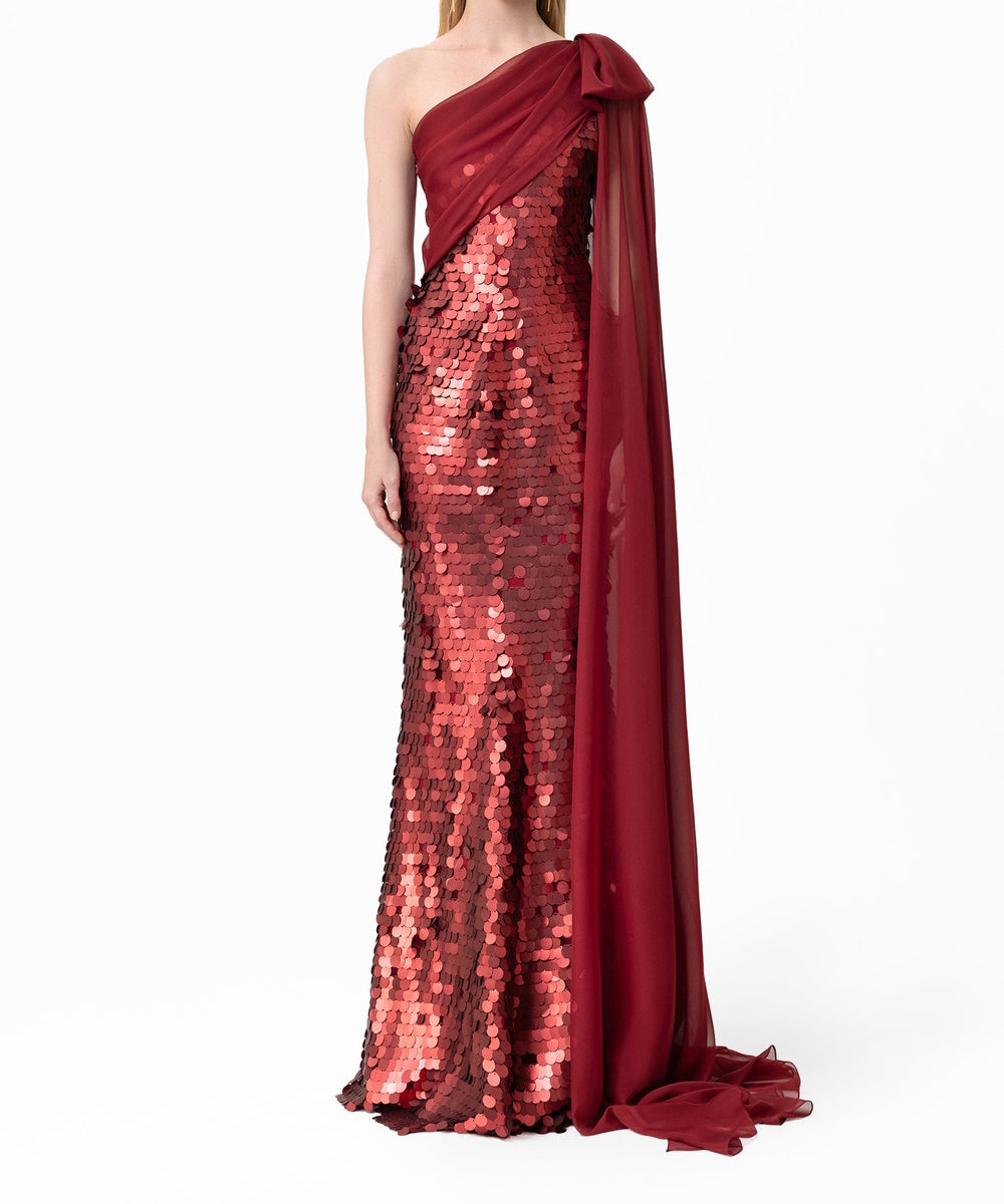 Burgundy One‑Shoulder Chiffon Cape Sequin Mermaid Evening Gown