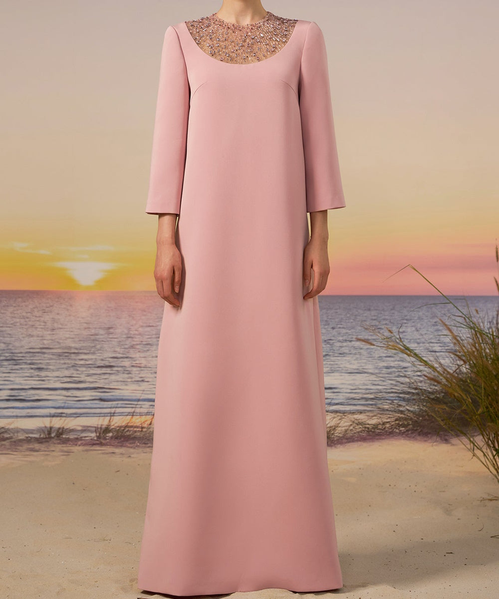 Dusty Pink Three Quarter Sleeve Beaded Mesh Neck Straight Maxi Evening Gown