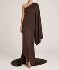 Chocolate Brown One Shoulder Satin Evening Gown With Draped Sleeve & Train