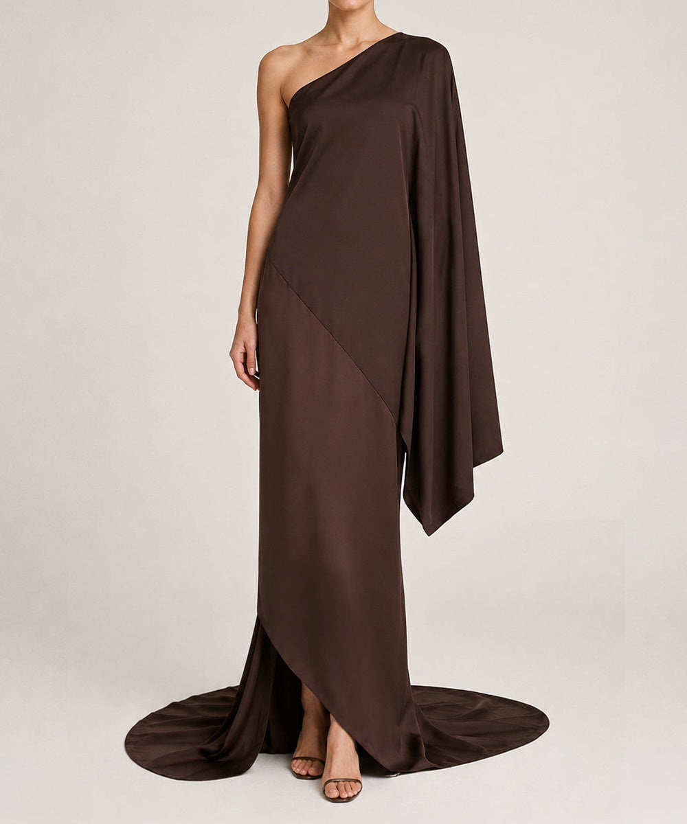Chocolate Brown One Shoulder Satin Evening Gown With Draped Sleeve & Train