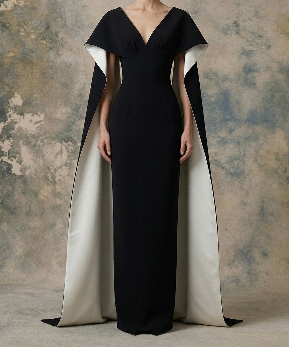 Black Crepe Sheath Gown With Contrast White Lined Cape Sleeves