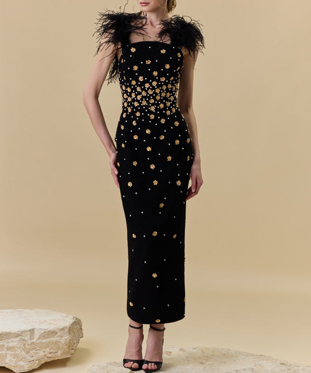 Feather Strap Gold Floral Beaded Midi Evening Dress