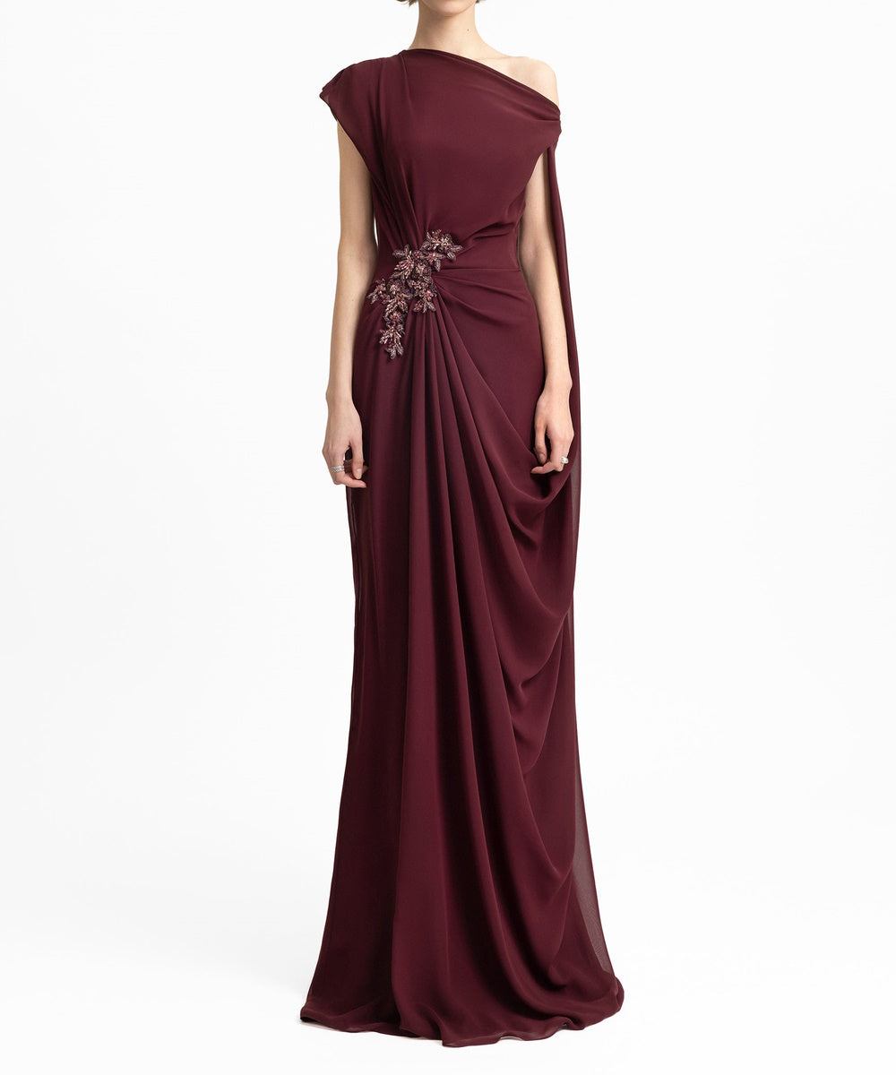 Burgundy Asymmetric Draped Chiffon Gown with Beaded Floral Embellishment