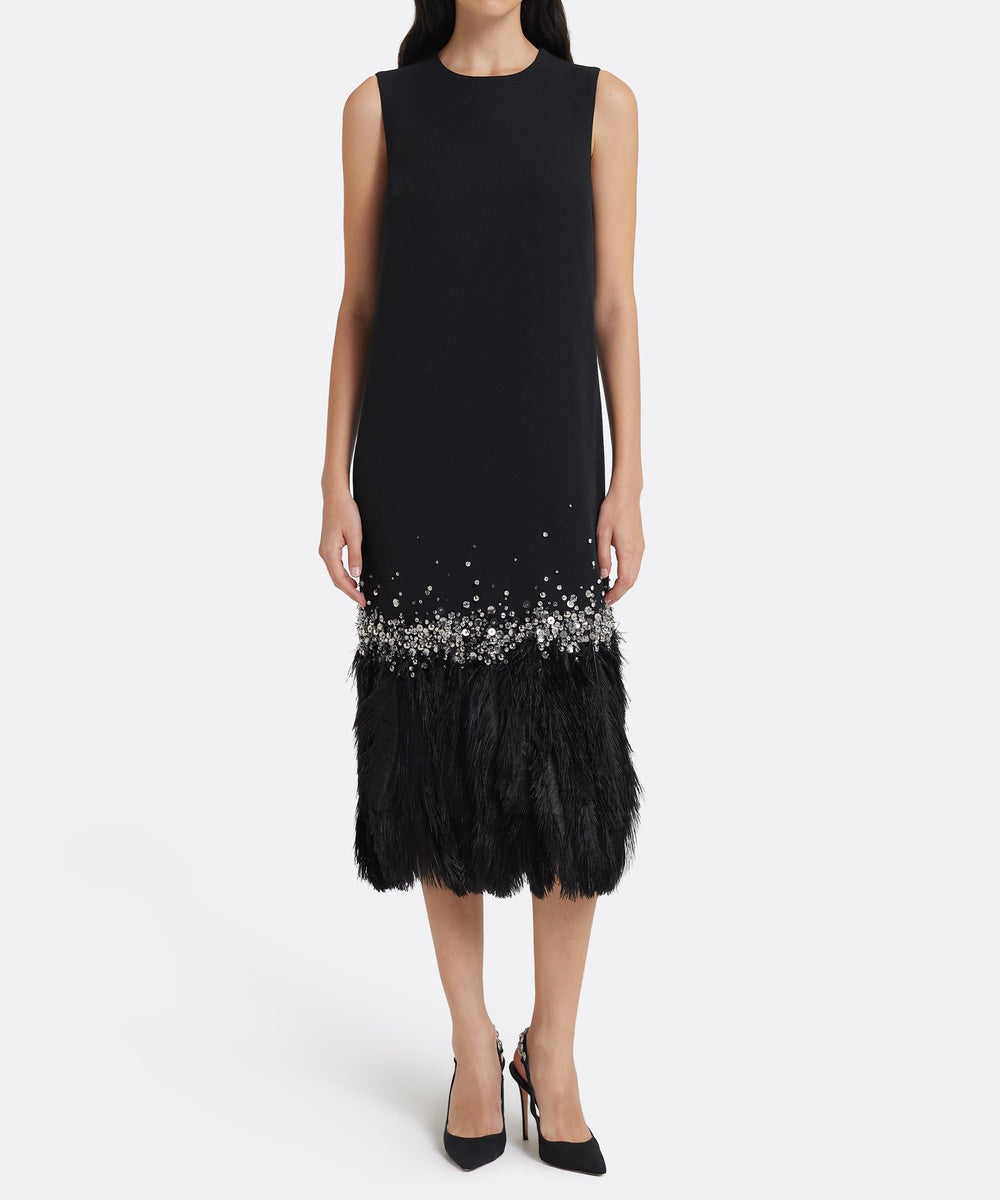 Sleeveless Shift Midi Dress With Crystal Beading And Feather Hem