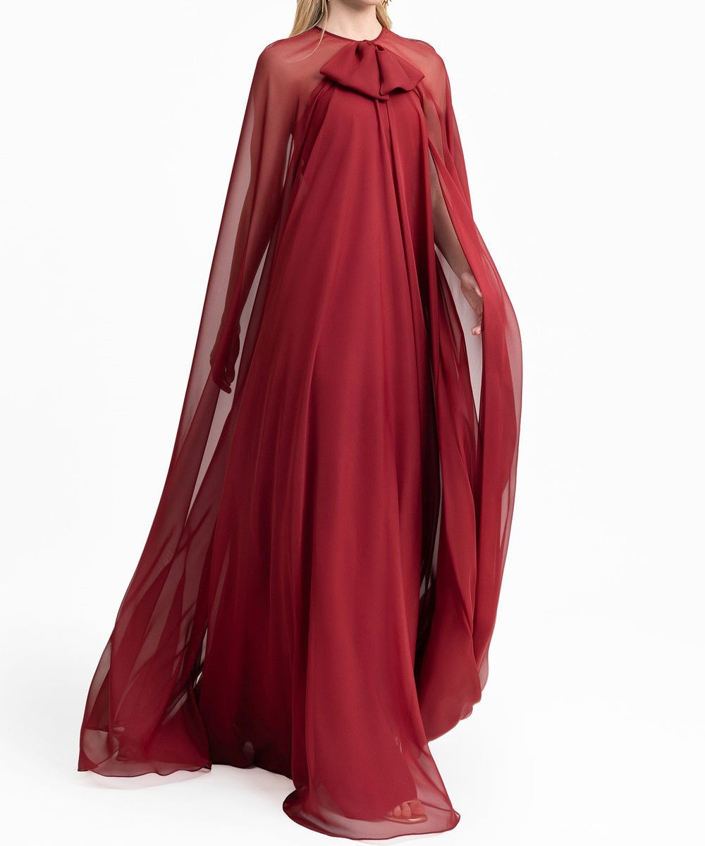 Burgundy Sheer Chiffon Cape Overlay Bow Neck Flowy Maxi Evening Gown
