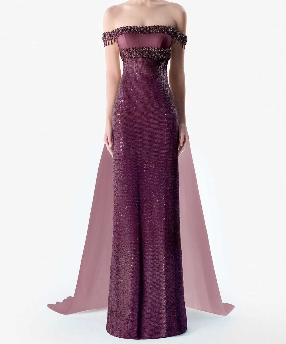 Plum Off Shoulder Sequin Mermaid Gown With Sheer Chiffon Cape Train