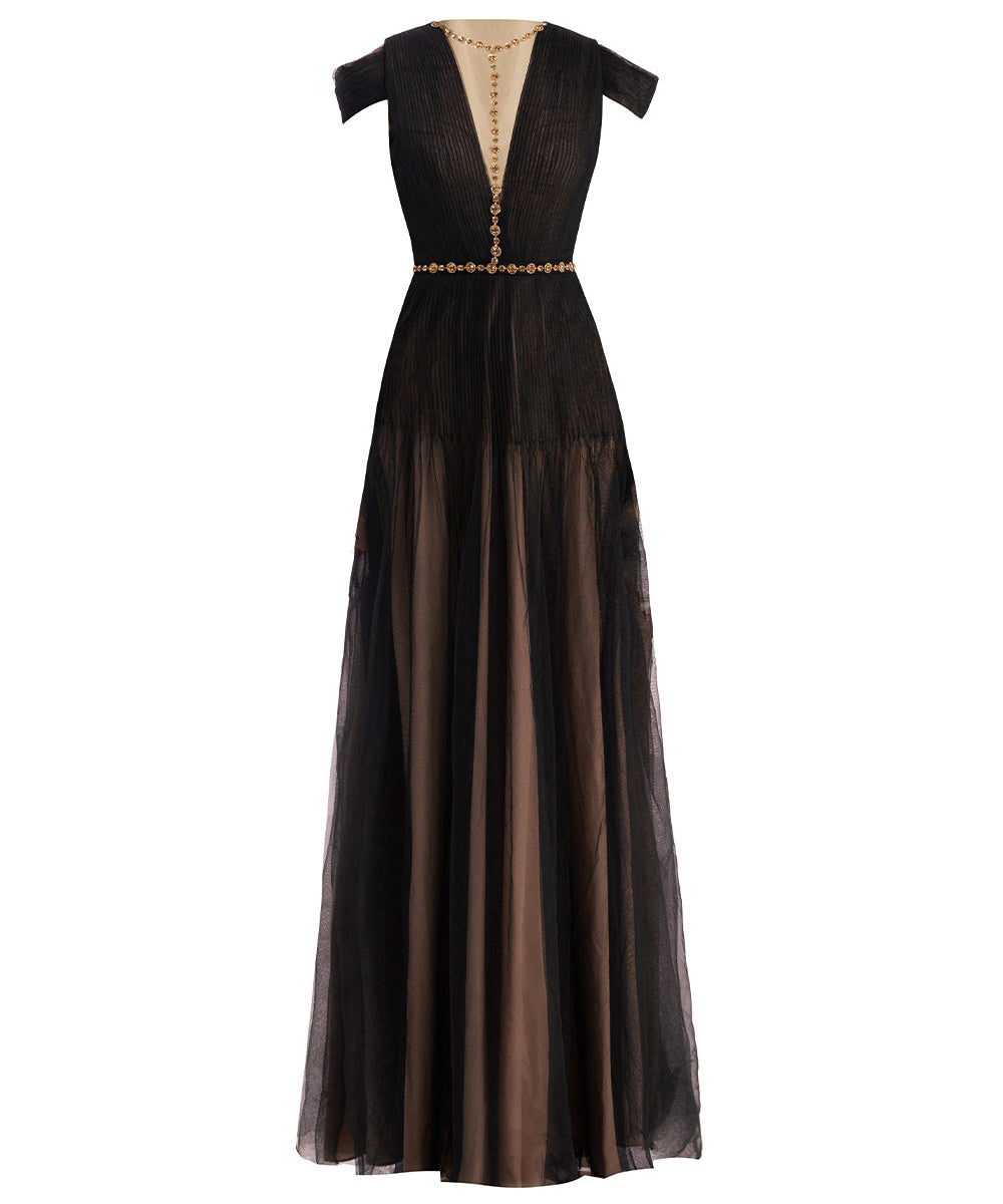 Black Pleated Tulle Deep V Gold Beaded A-Line Evening Gown