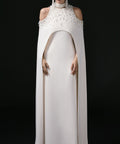 White Beaded Cold Shoulder Cape Sleeve Formal Maxi Evening Gown