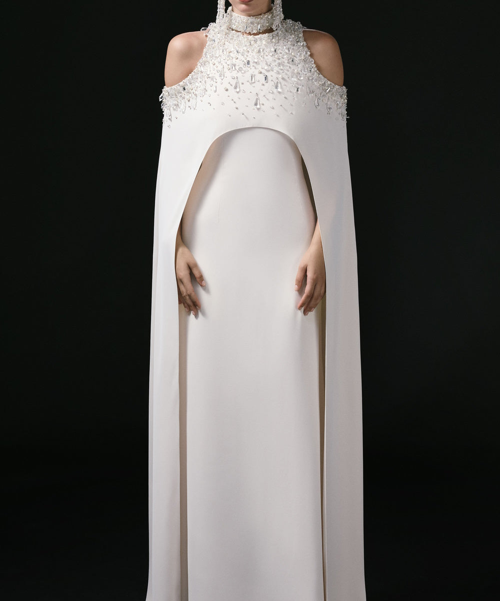 White Beaded Cold Shoulder Cape Sleeve Formal Maxi Evening Gown