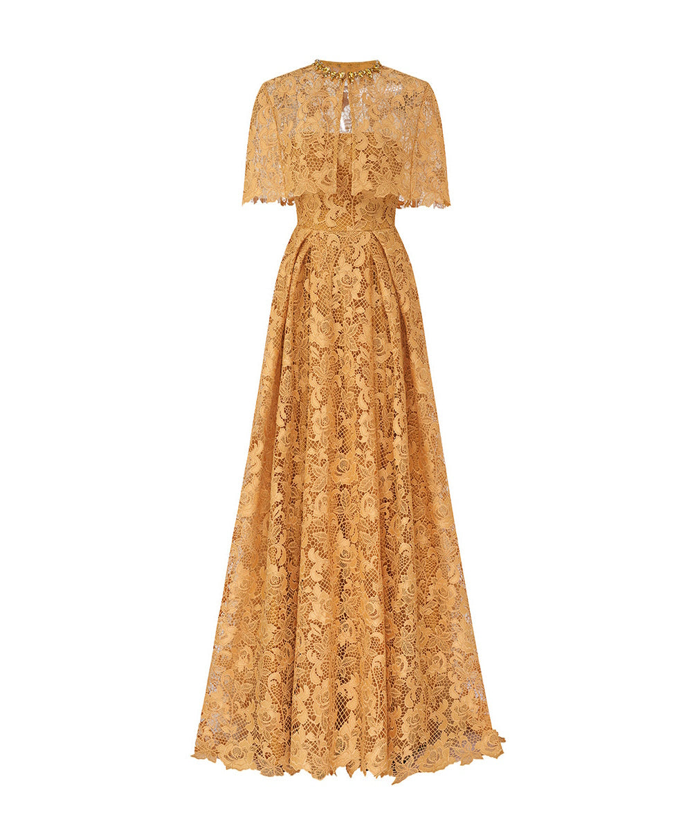 Golden Lace Cape Sleeve Maxi Formal Evening Gown