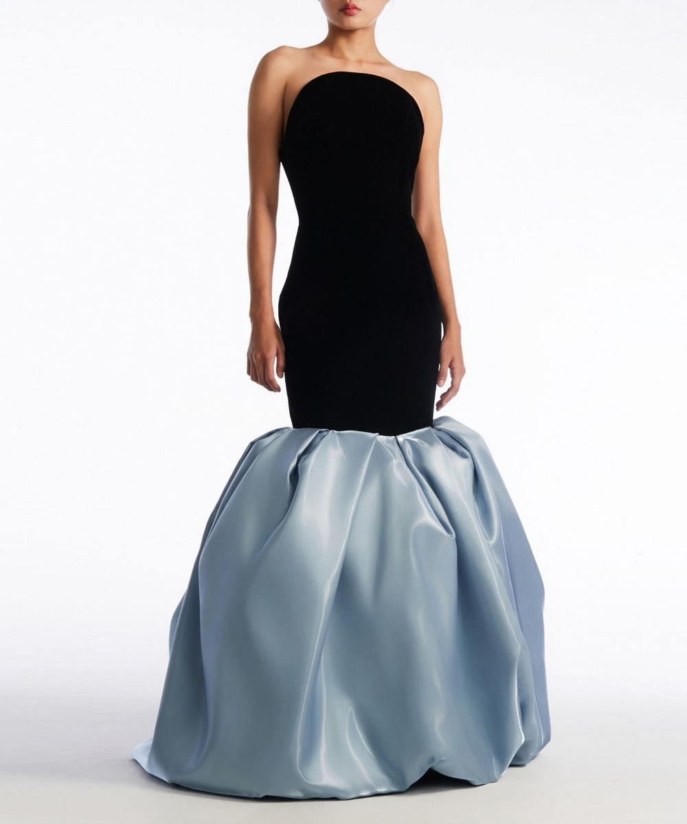 Strapless Black Velvet Dusty Blue Satin Mermaid Ball Evening Gown