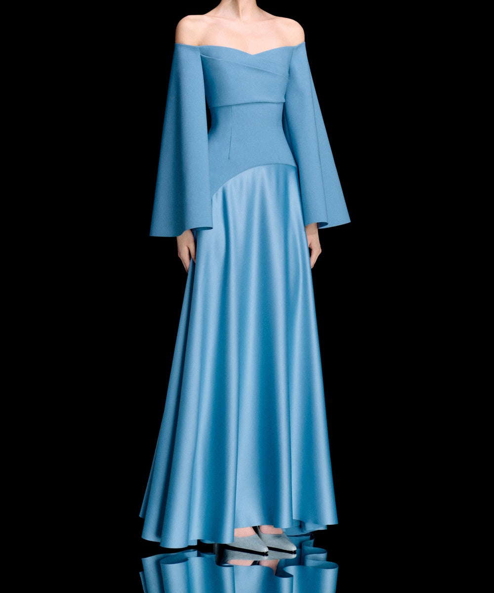 Off Shoulder Flare Sleeve Mixed Fabric Satin Maxi Evening Gown