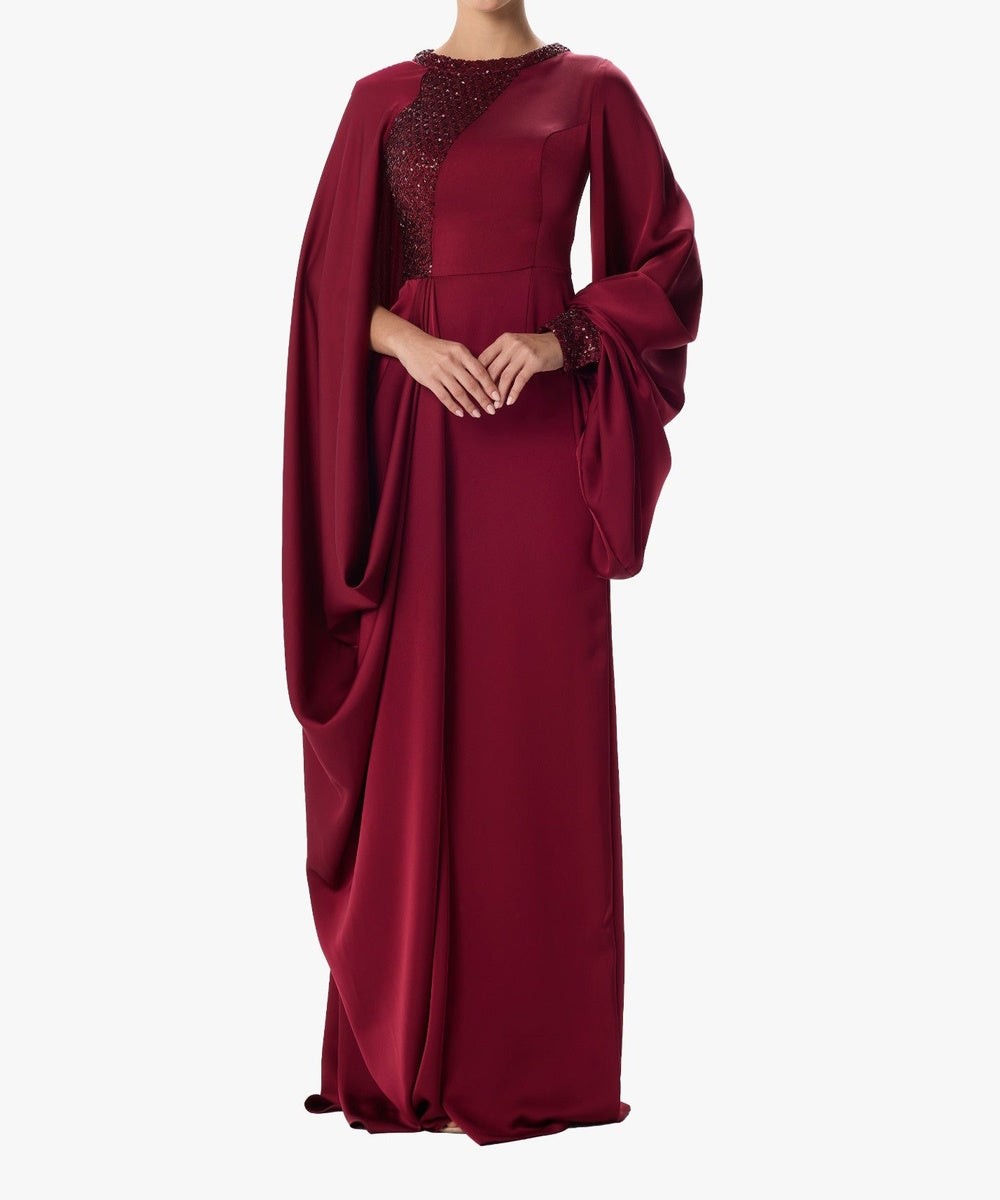 Burgundy Beaded Cape Sleeve Long Formal Evening Gown