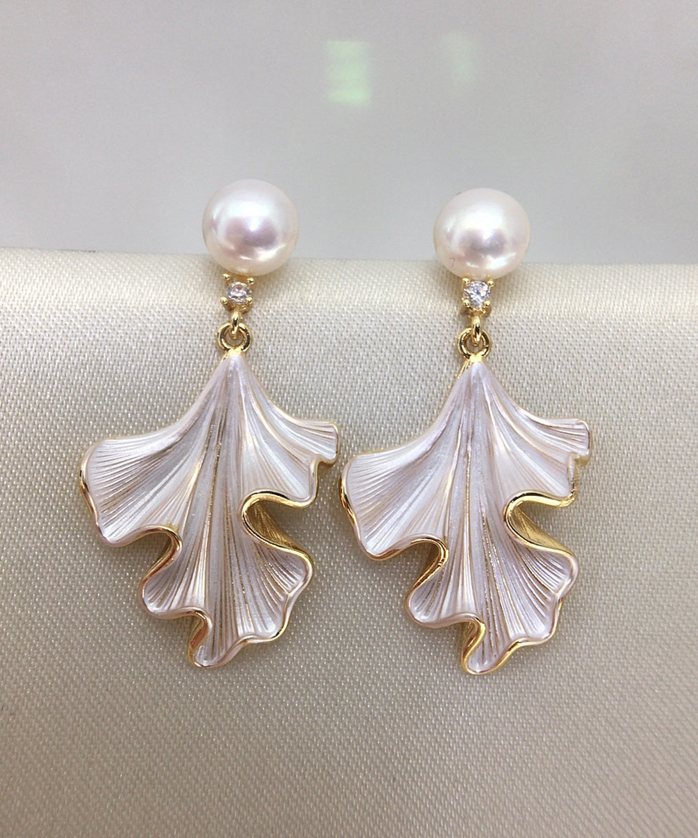 Vintage White Enamel Ginkgo Leaf Pearl Drop Dangle Earrings