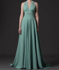 Sage Green Halter Deep V Crystal Embellished A-Line Train Maxi Evening Gown