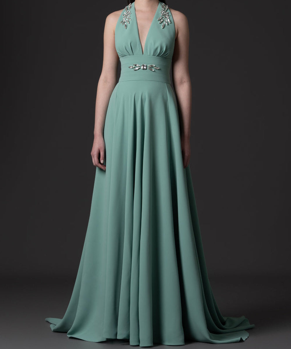 Sage Green Halter Deep V Crystal Embellished A-Line Train Maxi Evening Gown