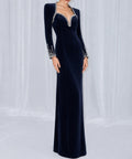 Navy Blue Long Sleeve Velvet Mermaid Evening Gown with Crystal Embellishments