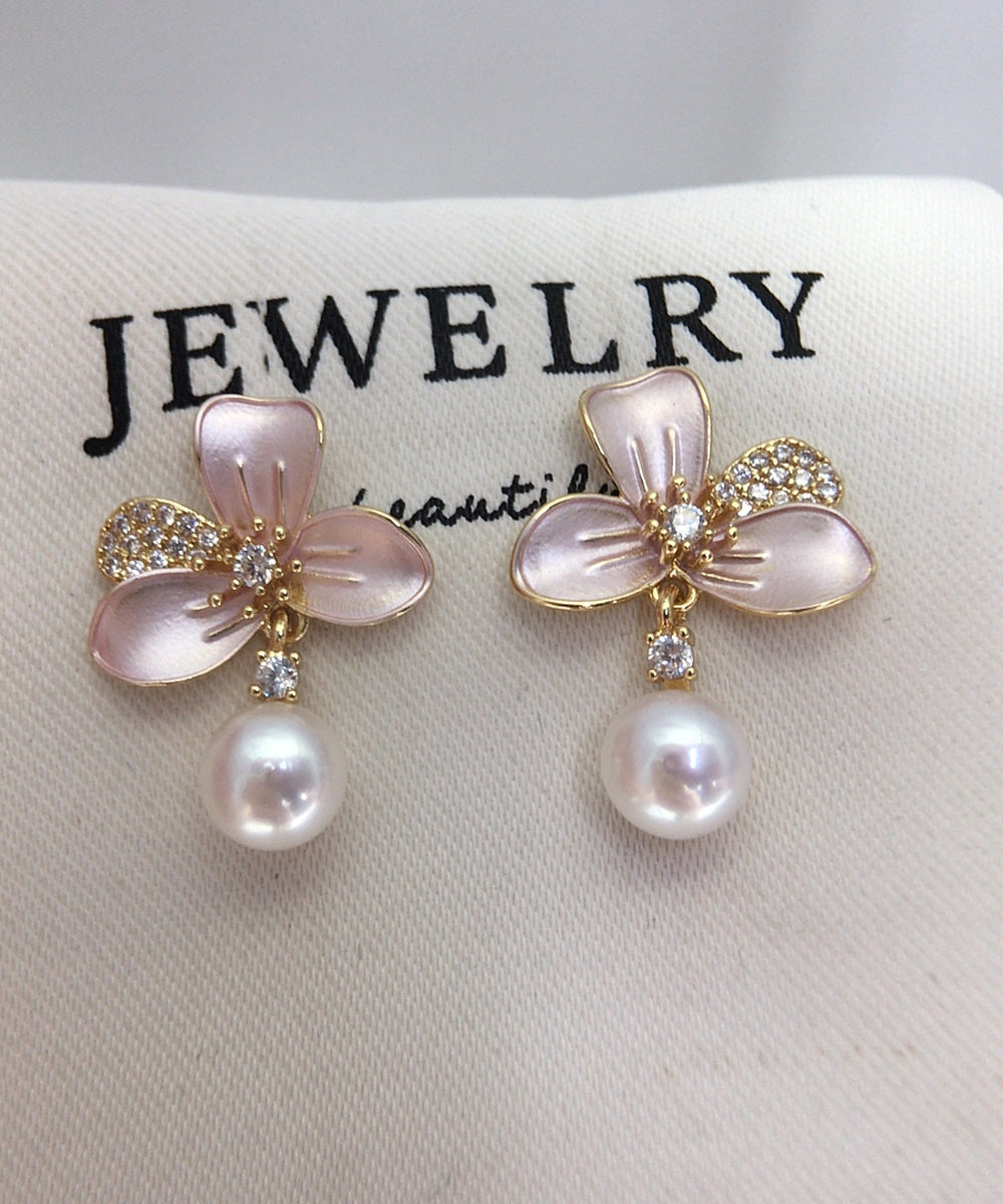 Soft Pink Enamel Flower Crystal Pearl Drop Dangle Stud Earrings