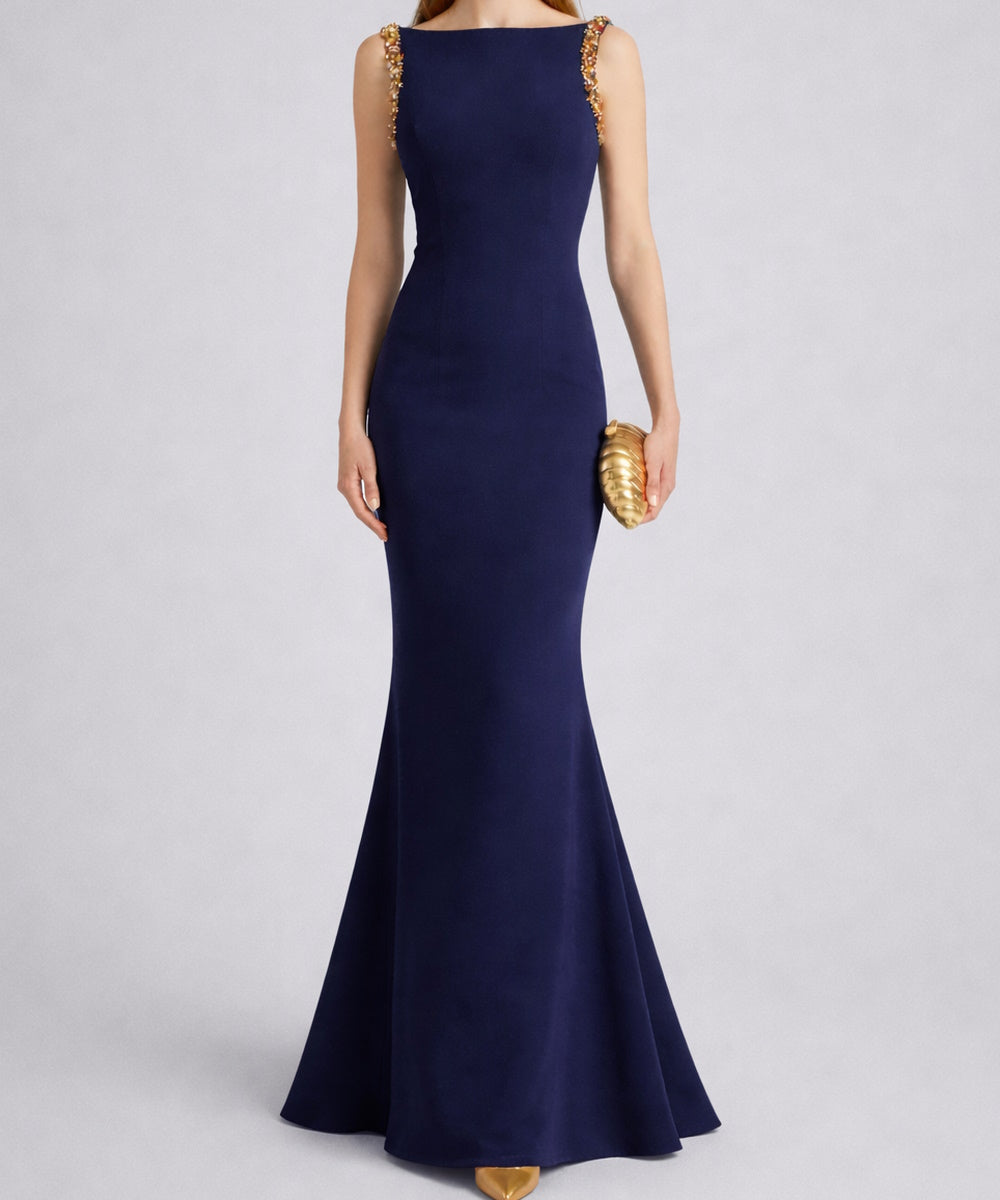 Navy Boat Neck Gold Beaded Strap Mermaid Maxi Evening Gown