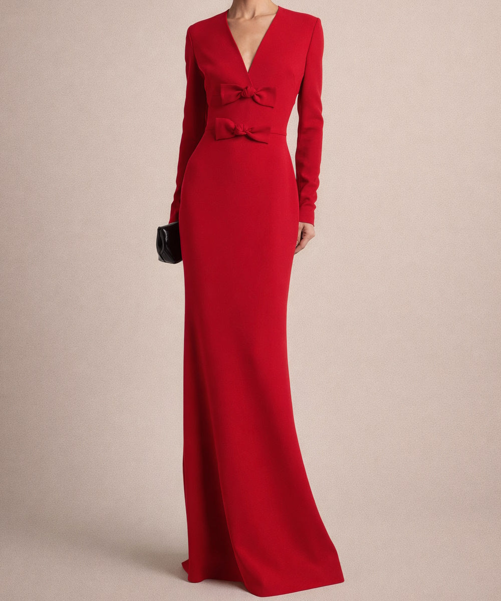 Red Deep V Double Bow Long Sleeve Mermaid Train Evening Gown