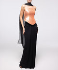 Rose Gold Sequin Corset with Black Chiffon Cape Draped Maxi Evening Gown
