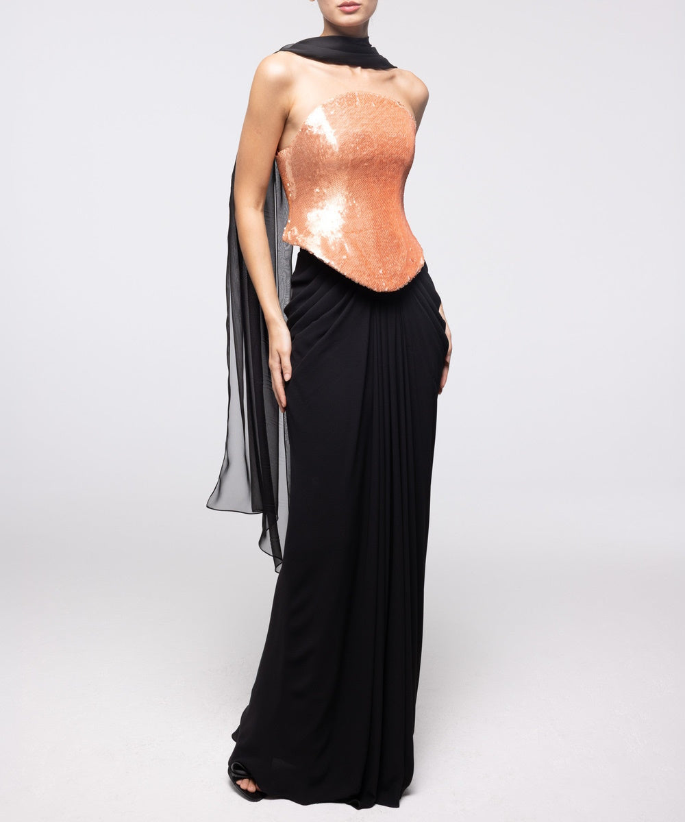 Rose Gold Sequin Corset with Black Chiffon Cape Draped Maxi Evening Gown