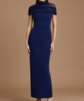 Navy Blue Draped Tulle Neck Midi Sheath Evening Dress