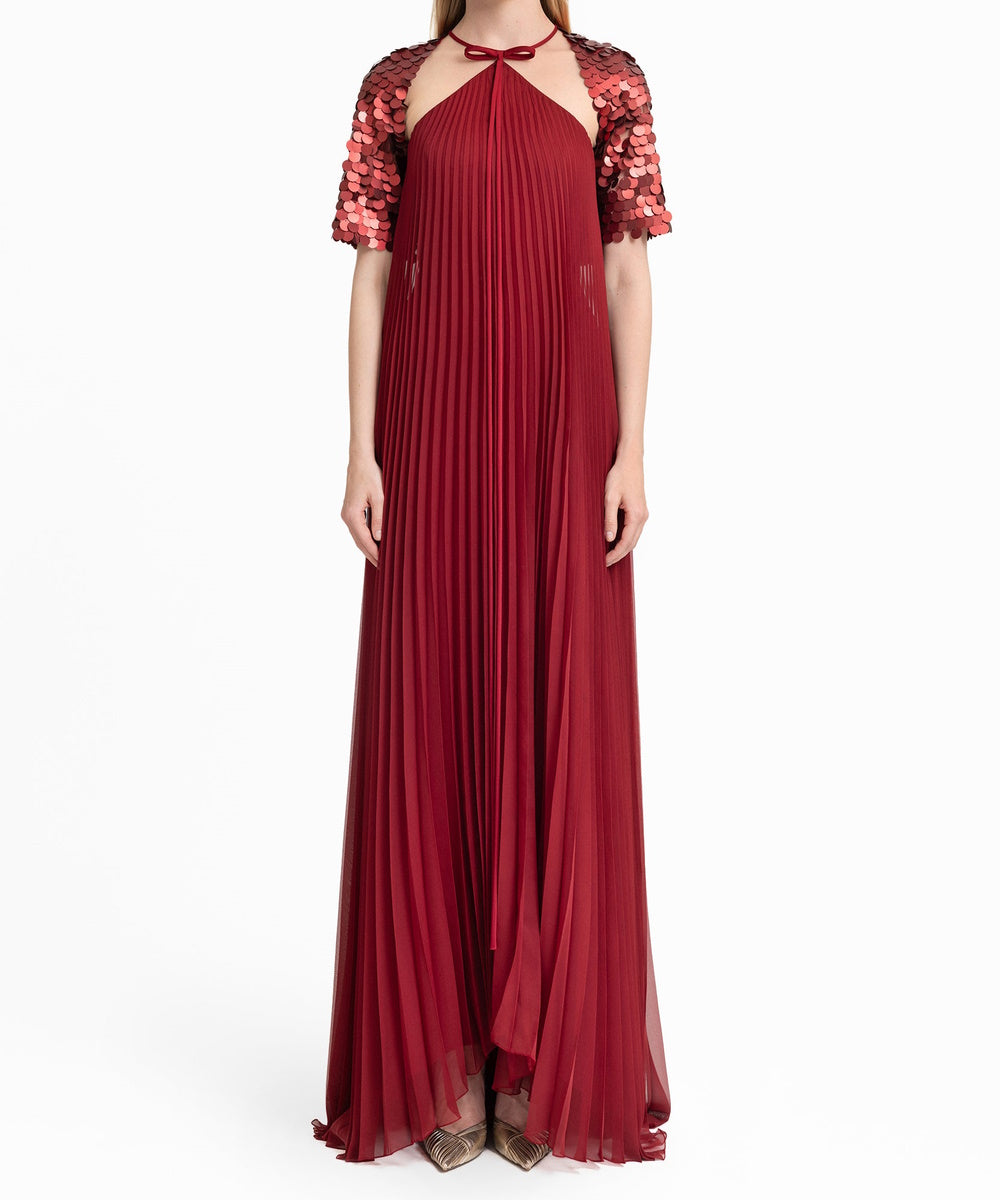 Burgundy Halter Pleated Chiffon Maxi Gown with Large Sequined Short Sleeve Cape