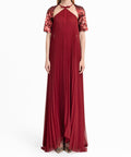 Burgundy Halter Pleated Chiffon Maxi Gown with Large Sequined Short Sleeve Cape