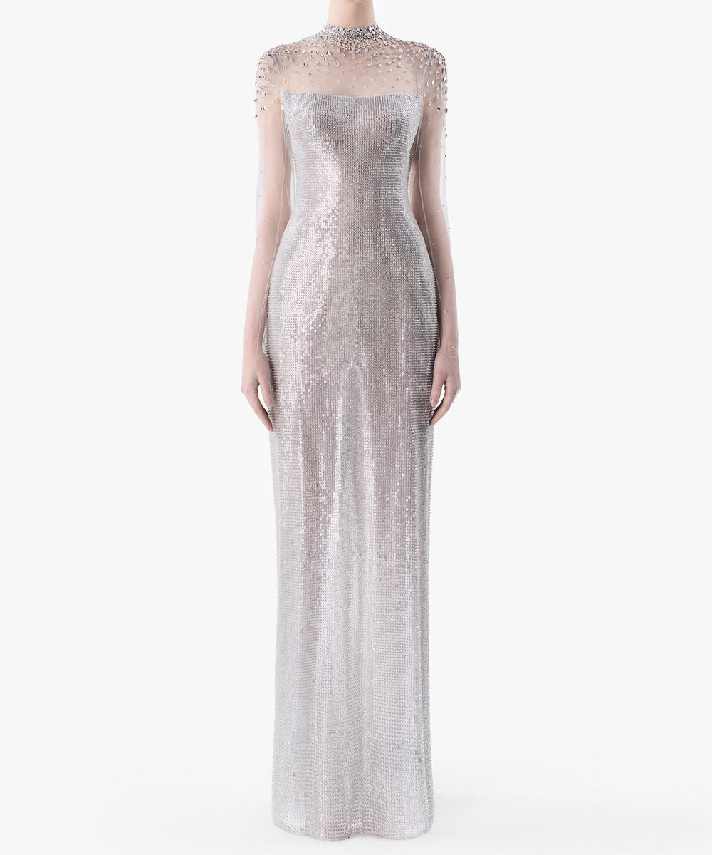 Silver Sequin High Neck Sheer Mesh Long Sleeve Fitted Column Evening Gown