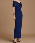 Navy Blue Off Shoulder Satin Bow Sheath Midi Evening Dress
