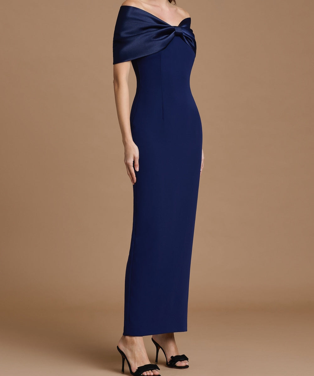Navy Blue Off Shoulder Satin Bow Sheath Midi Evening Dress