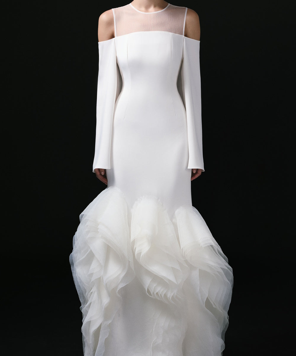 White Mesh Mock Neck Cold Shoulder Long Sleeve Mermaid Gown With Voluminous Tulle Ruffle Hem