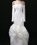 White Mesh Mock Neck Cold Shoulder Long Sleeve Mermaid Gown With Voluminous Tulle Ruffle Hem