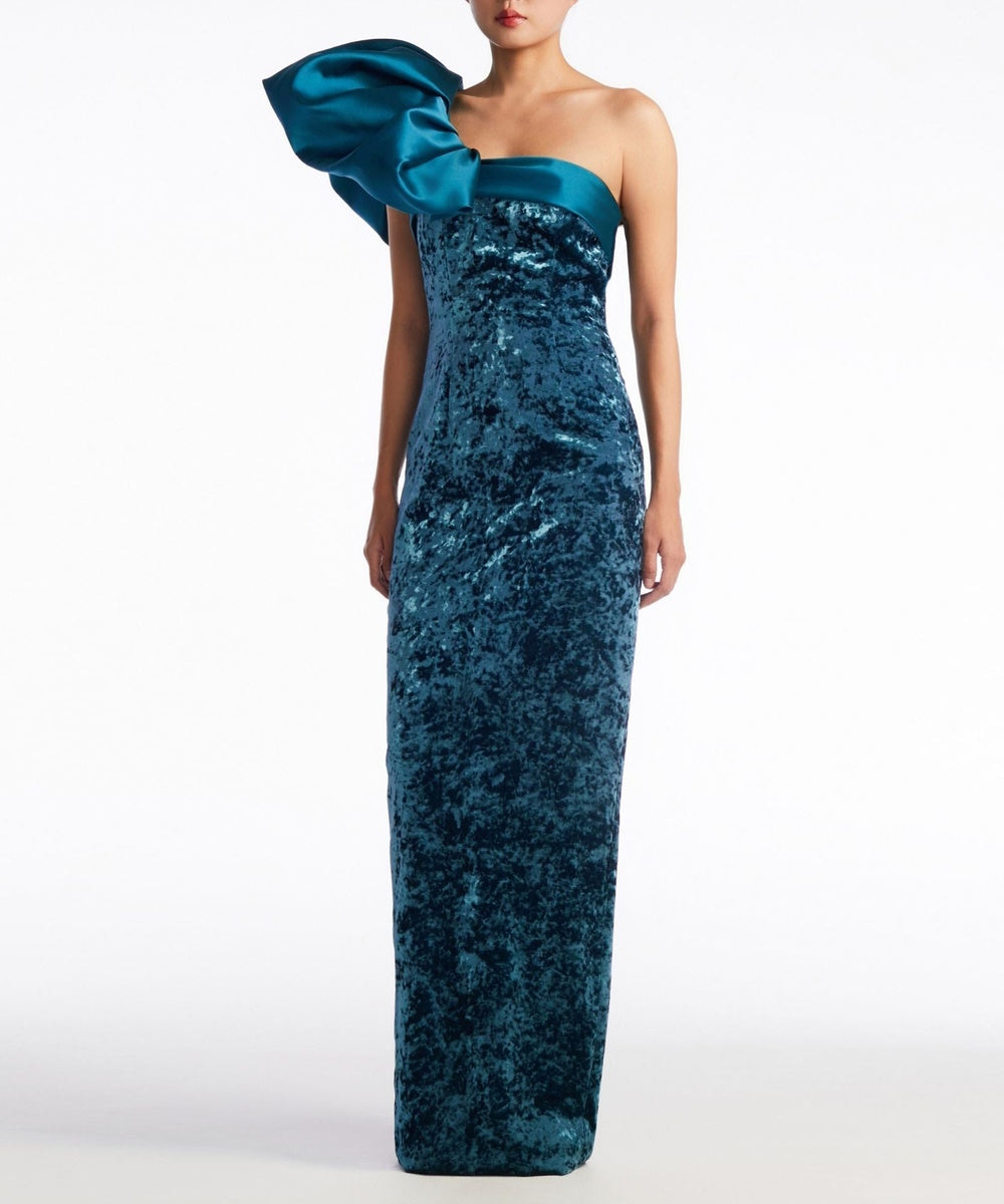 Teal Crushed Velvet One‑Shoulder Oversized Satin Bow Column Evening Gown