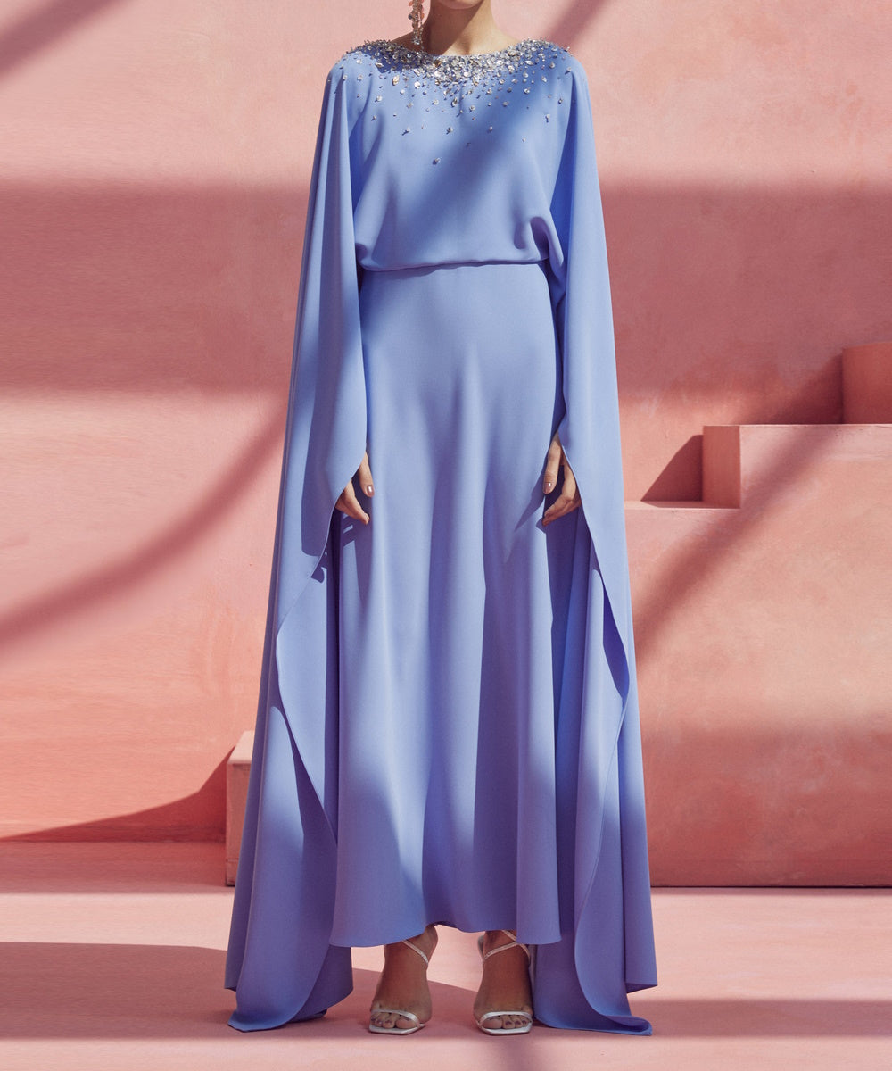 Elegant Cape Sleeve Rhinestone Neckline Loose Satin Maxi Evening Abaya Dress