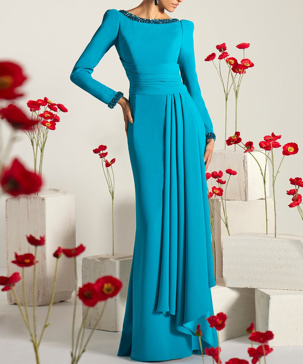 Turquoise Long Sleeve Crepe Mermaid Evening Gown With Beaded Trim