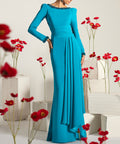 Turquoise Long Sleeve Crepe Mermaid Evening Gown With Beaded Trim