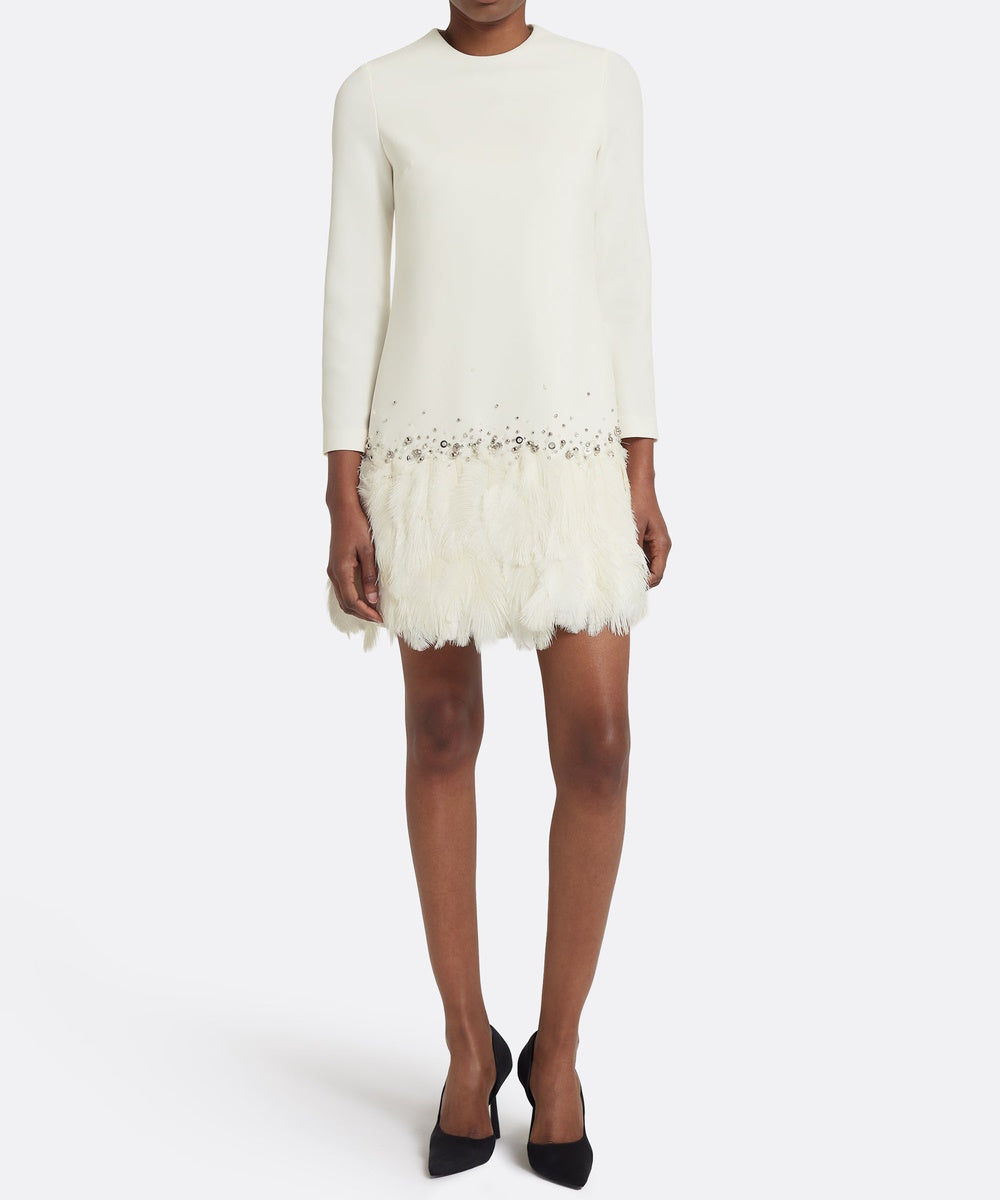 Cream Long‑Sleeve Mini Shift Dress With Crystal Beading And Feather Hem
