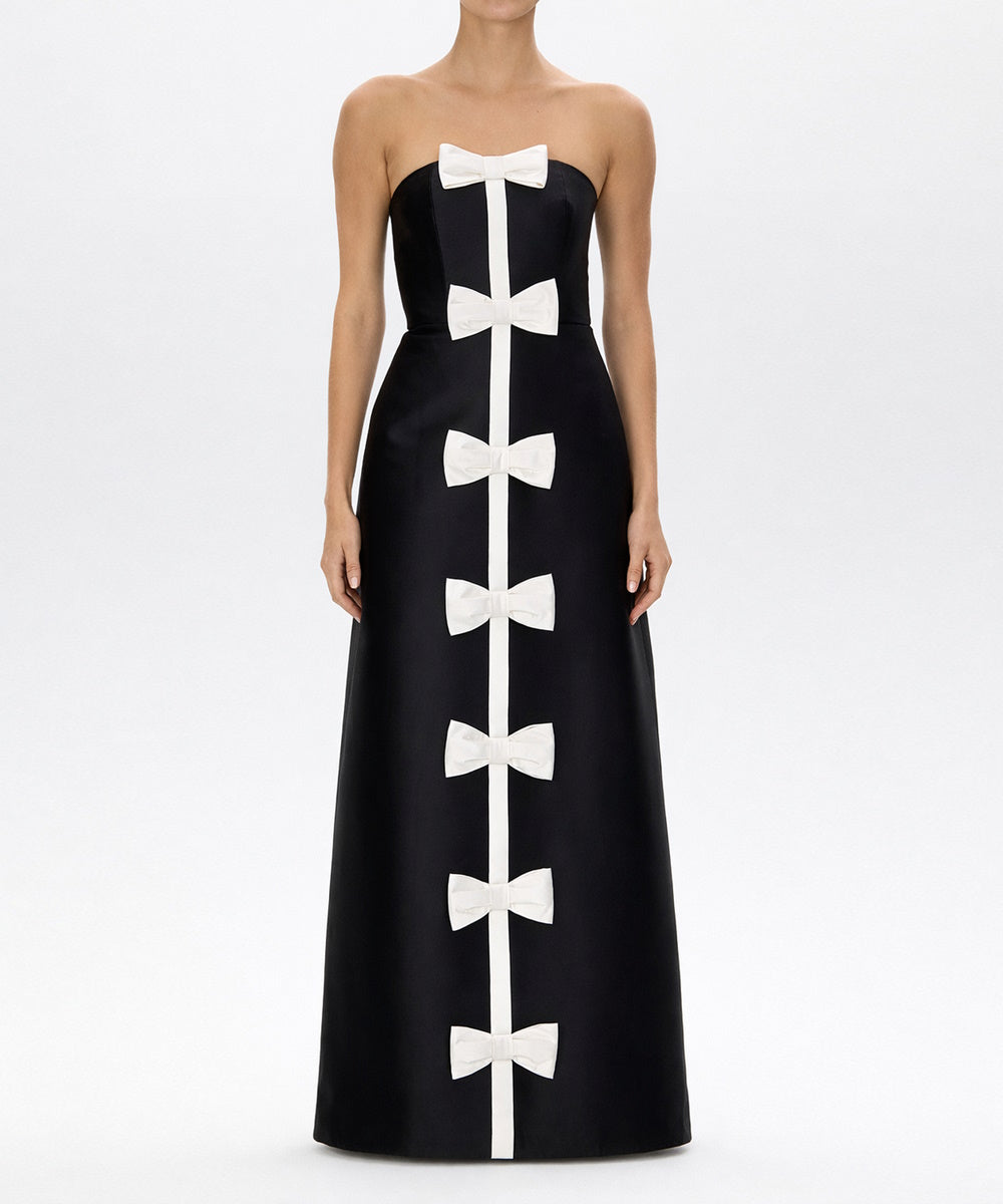 Black Strapless Satin Gown With Vertical White Bows