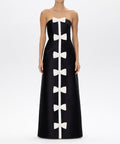 Black Strapless Satin Gown With Vertical White Bows