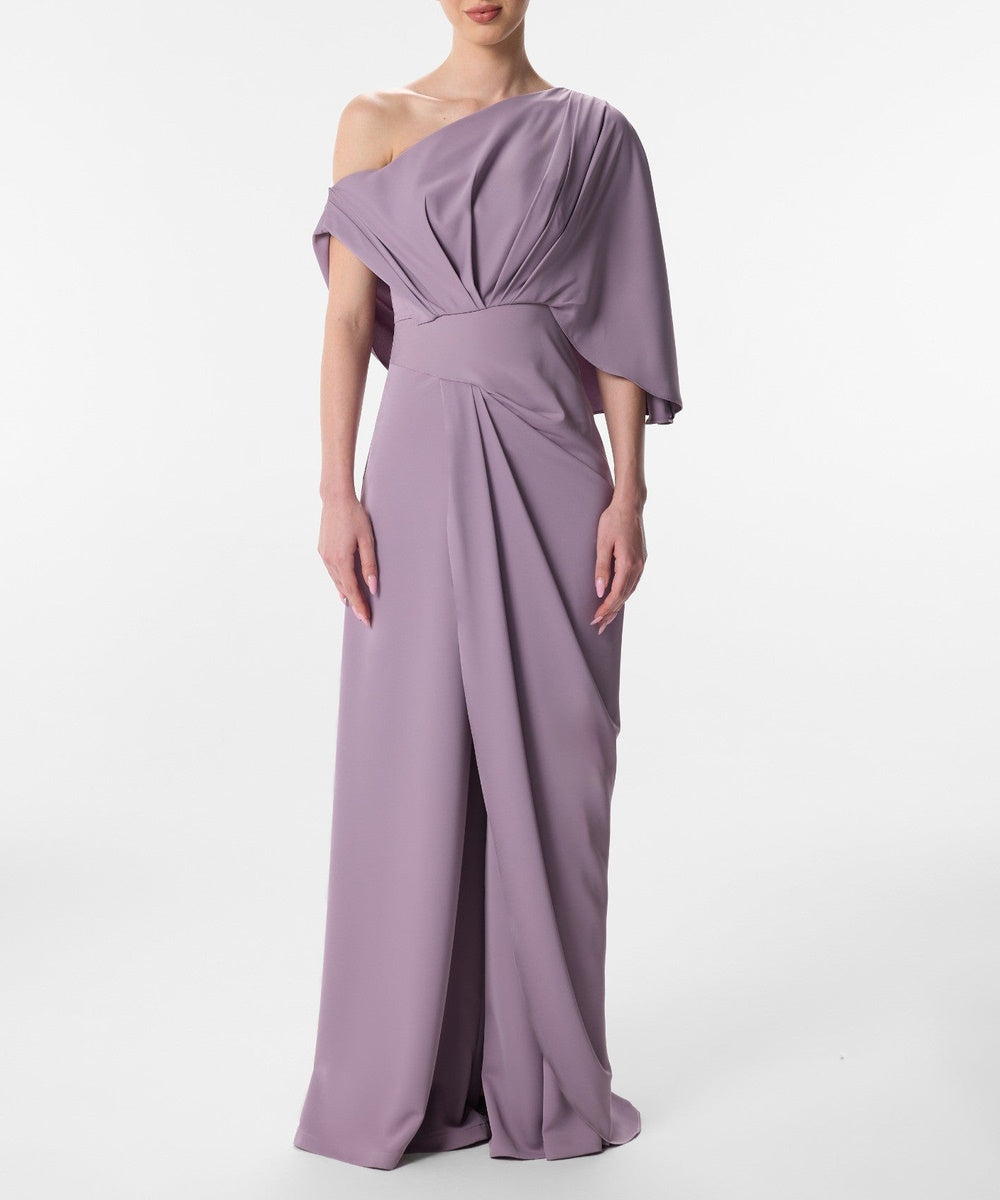 Dusty Lavender Asymmetric One Shoulder Draped Formal Maxi Dress
