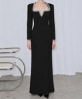 Black Long Sleeve Fitted Evening Gown with Square Crystal Neckline