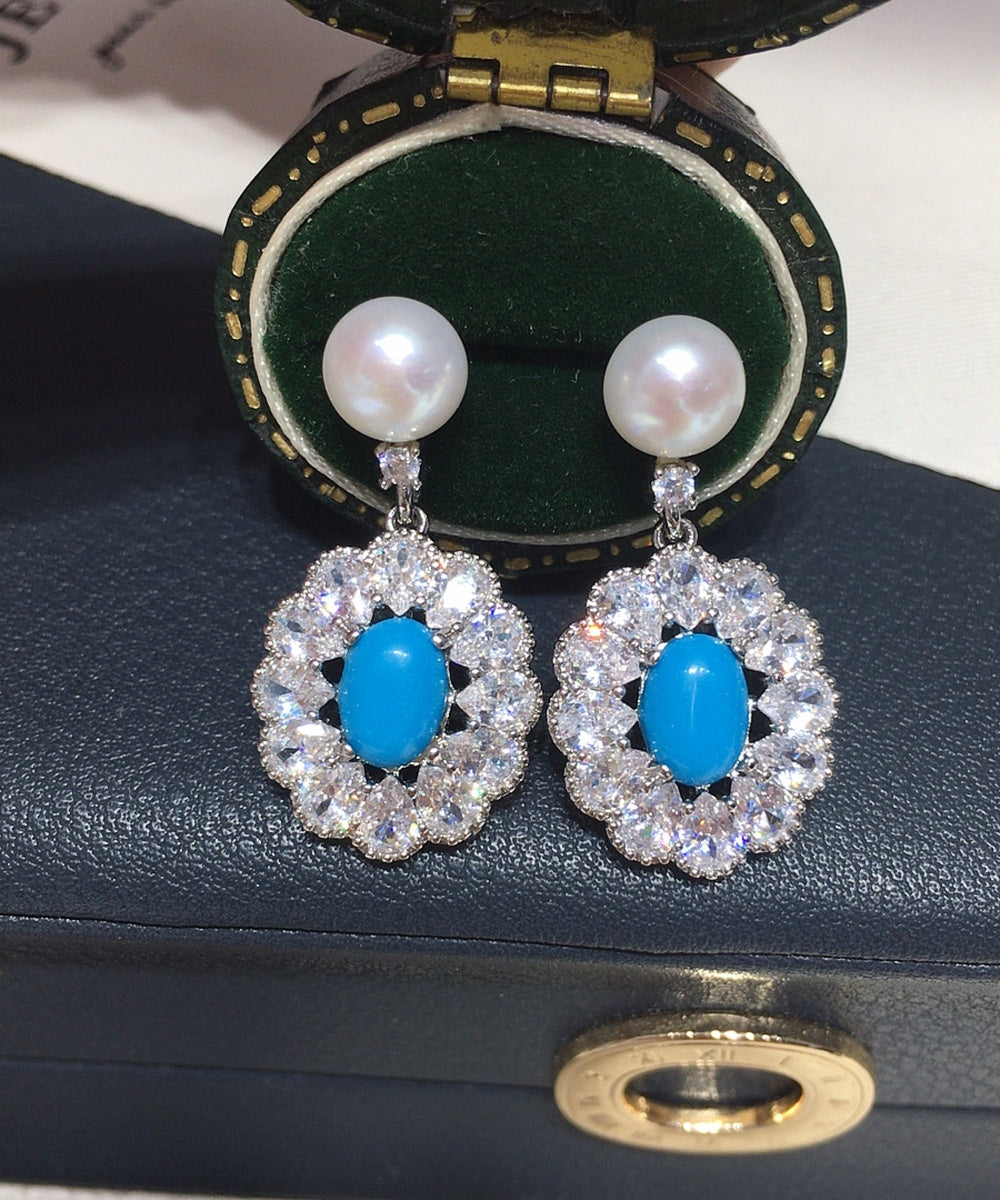 Vintage Oval Turquoise Halo Crystal Pearl Drop Dangle Earrings
