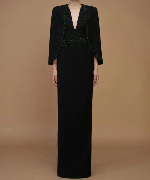 Black Deep V Cape Sleeve Emerald Green Rhinestone Waist Column Maxi Gown