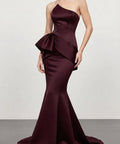 Burgundy One Shoulder Satin Mermaid Evening Gown with Statement Peplum