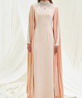 Blush Pink Crystal Beaded High Neck Pleated Cape Sleeve Formal Maxi Gown
